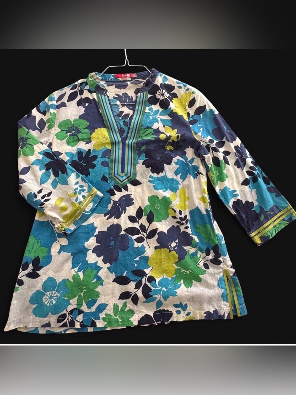 Boden Floral Print Tunic Top with Striped Placket, US 10